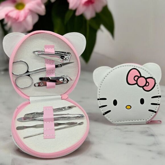 Hello Kitty Nail Care Kit White Cartoon Cat PU Leather 8 Piece Manicure Set - Picture 1 of 9